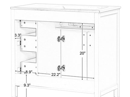 36" Bathroom Vanity With Sink, 2 Doors, 3 Drawers, Rectangular - White