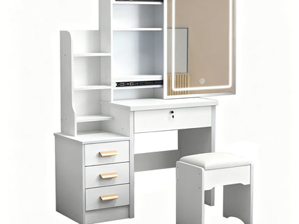 Vanity Desk With Mirror And Lights For Makeup And Chair Set With 3 Adjustable LED Lighting, 4 Drawers - White