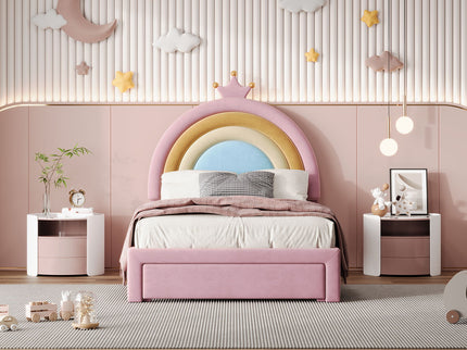 Upholstered Rainbow Design Bed, Princess Platform Bed With Storage Drawer