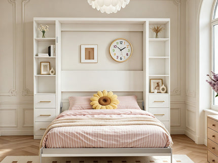 Queen Size Murphy Wall Bed With Side Storage Cabinets - White