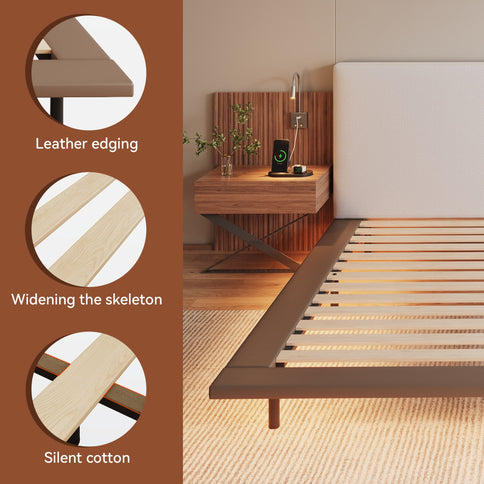 Floating King Size Bed With Integrated Side Tables And Smart Lighting - Beige Gray / White