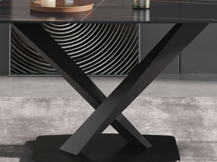 63" Artificial Stone Black Curved Black Metal Leg Dining Table - Black