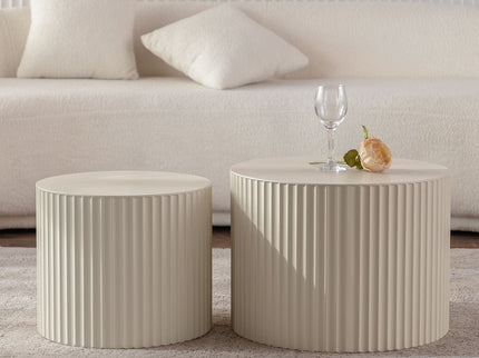 Drum Nesting Coffee Table With Wave Stripe Design For Living Room (Set of 2) - Beige / White