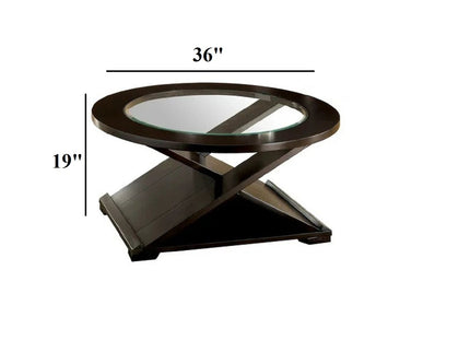 Coffee Table With Cross Design Base, Beveled Glass Top - Espresso