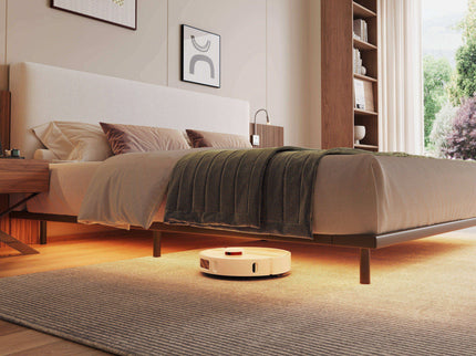 Floating King Size Bed With Integrated Side Tables And Smart Lighting - Beige Gray / White