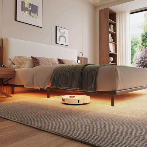 Floating King Size Bed With Integrated Side Tables And Smart Lighting - Beige Gray / White