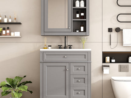 Bathroom Vanity With Top Sink, Freestanding Storage Cabinet With 2 Doors And 3 Drawers, Mirror Cabinet Included - Gray