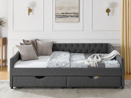 Upholstered Tufted Daybed With 2 Drawers, Waved Arms
