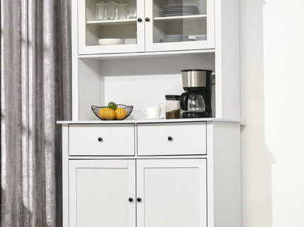 Homcom - 63.5" Kitchen Buffet With Hutch, Pantry Storage Cabinet With 4 Shelves, Drawers, Framed Glass Doors, Open Microwave Countertop - Antique White