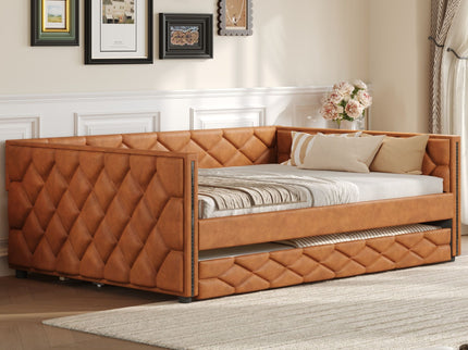 Upholstered Full Long Daybed With Trundle And LED Armrests - Brown