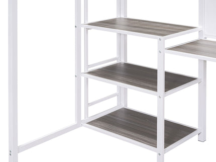 Metal Loft Bed With Desk, 3 Shelves And Ladder