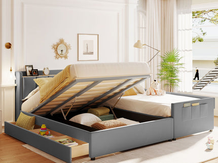 Upholstered Mother & Child Bed With Hydraulic Storage System, Drawer Box, Bedhead Storage Shelf And 2 Pairs Of Sockets & USB Ports