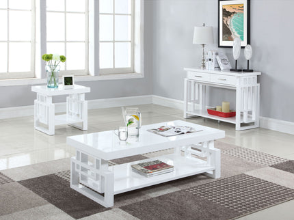 Rectangular End Table With Geometric Design And Open Shelf - White