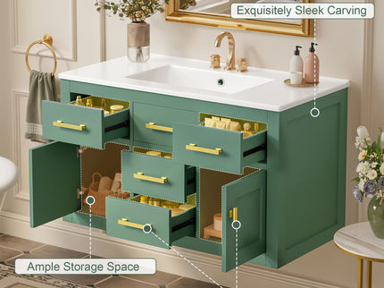 Wall Mounted Bathroom Cabinet With Sink, Multiple Drawers And Doors - Green