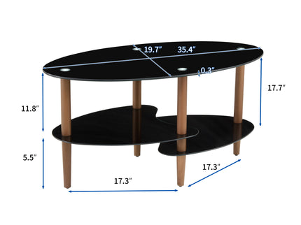 Oval Glass Coffee Table, Modern Table In Living Room Oak Wood Leg Tea Table 3-Layer Tempered Glass Table - Brown / Black