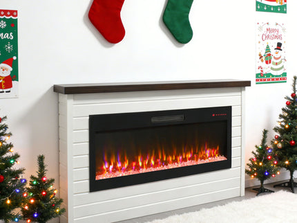 65" Electric Fireplace With Wall Mantel, 50" Fireplace Insert Heater, Remote Control, Timer For Living Room - Antique White