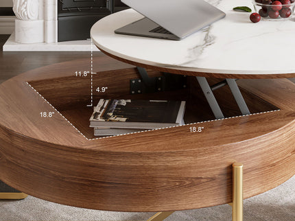 Lift Top Round Coffee Table With Hidden Storage, 3 Upholstered Nesting Ottomans - Brown / Gray / Golden / White