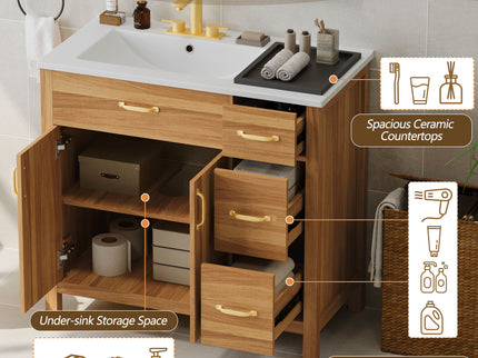 Bathroom Vanity, 2 Soft Close Doors, 3 Soft Close Drawers, Adjustable Shelf - Wood