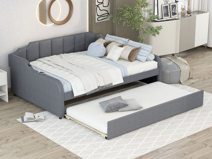 Full Size Upholstered Daybed With Trundle And USB Charging - Gray