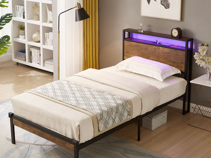 Twin Size Platform Bed Frame, LED Lights With Remote Control, USB Charging Port, Large Under Bed Storage - Black / Brown