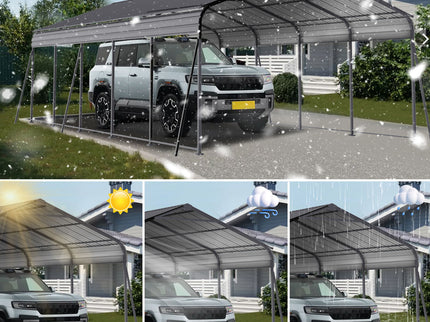 Metal Carport 13 X 26.5 Ft Heavy Duty With Galvanized Steel Roof Metal Garage Canopy With Galvanized Steel Roof & Frame Car Tent Outdoor Storage Shed For Car Boats And Truck - Gray