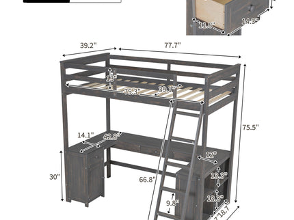 Loft Bed With U-Shaped Desk, Drawers, And Storage Shelves