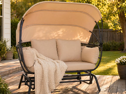 2 Person Egg Shaped Outdoor Swing Chair With Adjustable Canopy - Acacia Wood / Black / Taupe