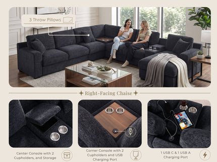 Celine - Fabric Corner Sectional Sofa With Right-Facing Chaise, Cupholders, And Charging Ports