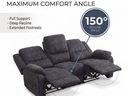 3 Seater Manual Recliner Sofa With 150° Recline, 2 Adjustable Side Seats, Extended Footrest, Oversized Seating For Living Room - Dark Gray
