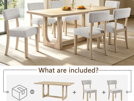 7 Piece Dining Table Set For 6, Rectangular Table & 6 Upholstered Chairs, Sturdy U - Shaped Base For Dining Room - Light Oak