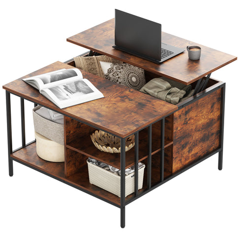 Lift Top Coffee Table With Storage, Adjustable Height Living Room - Black / Brown