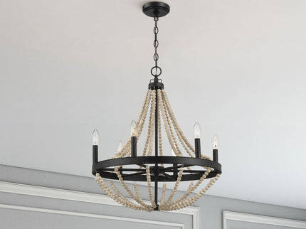 Starry - Chandelier 6 Candle Light Wood Beaded Pendant Light For Dining Room - Black / Clear
