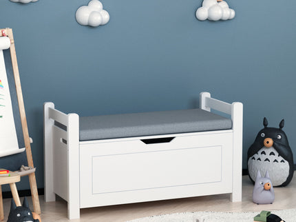 Kids Toy Box Chest Storage Cabinet With Cushion Seat Bench Flip Top Lid Safety Hinge - White