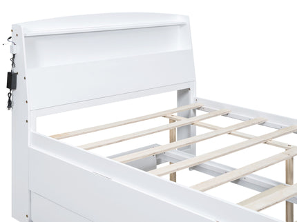 Full Size Platform Bed With Storage LED Headboard, Twin Trundle And 3 Drawers - White