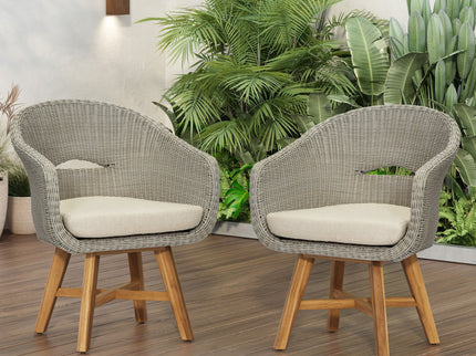 Modern Coastal Rattan Dining Chairs, (Set of 2), Solid Wood Legs - Beige