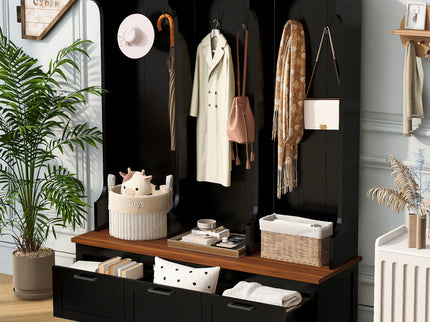 Hall Tree With Bench And Shoe Storage, 3 Large Drawers, Open Storage Shelves & Hooks