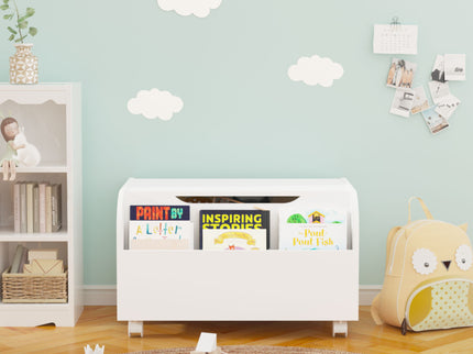 Toy Box With 4 Universal Wheels, Kids Playroom Storage Organizer With Front Bookshelf, Flip Top Lid, Safety Hinge - White