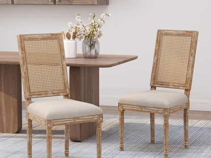 French Country Dining Chair With Rectangular Cane Backrest And Smooth Upholstered Seating