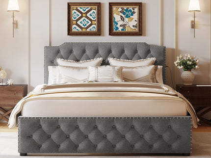 Upholstered Platform Bed With 2 Drawers And 2 Sets Of USB Ports On Each Side, Fabric