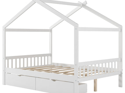 House Style Platform Bed With Headboard, Footboard, 2 Drawers, And Roof Design