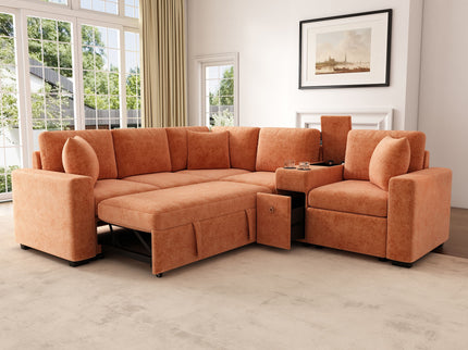 Modular L-Shaped Sectional Sofa Bed With Pull-Out Sleeper, Cup Holders, And Storage