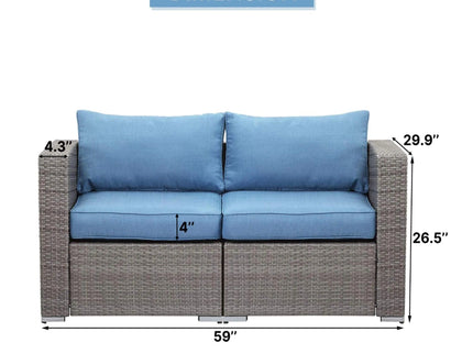 2 Piece Patio Loveseat Set With Thick Cushions, Outdoor Sectional Sofa For Balcony - Blue / Brown