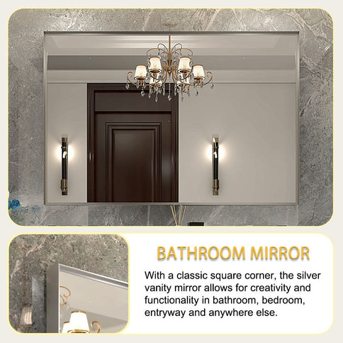 48X30" Wall Mounted Bevel Wall Mirror For Bathroom Silver Metal Frame Decorative Rectangular Home Decor Corner Hangs Farmhouse Mirror (Horizontal & Vertical) - Silver