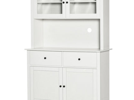 Homcom - 63.5" Kitchen Buffet With Hutch, Pantry Storage Cabinet With 4 Shelves, Drawers, Framed Glass Doors, Open Microwave Countertop - Antique White