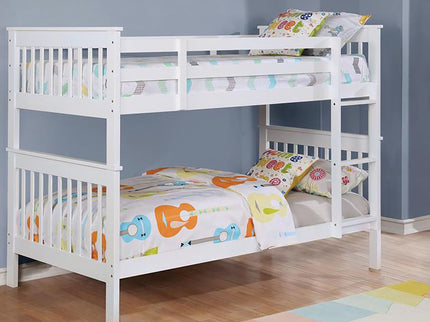 Slatted - Headboard Twin / Twin Bunk Bed With Built In Ladder Design - White