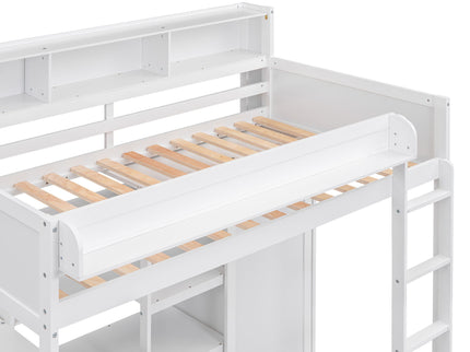Loft Bed With Built In Desk, Storage Shelves, And Wardrobe