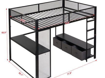 Full Size Gaming Loft Bed With LED Desk, Open Wardrobe, 3 Linen Storage Drawers - Black