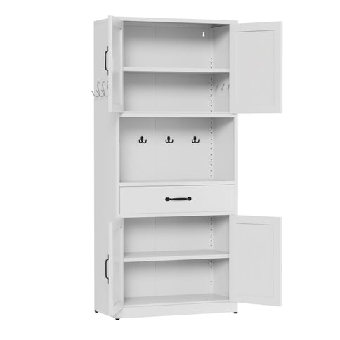Kitchen Pantry Cabinet With Adjustable Shelves, Drawers, Hooks And Large Countertop - White