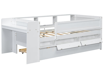 Twin Daybed With Drawers, Trundle, Headboard Storage, Study Desk, And USB Charging Station - White