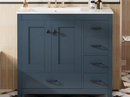 Bathroom Vanity With Ceramic Sink Combo, Abundant Storage Cabinet 2 Soft Close Doors And 5 Drawers